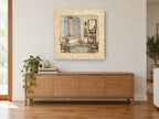 Lavender Bathroom Retreat floral canvas print on the wall of a living room above a sideboard