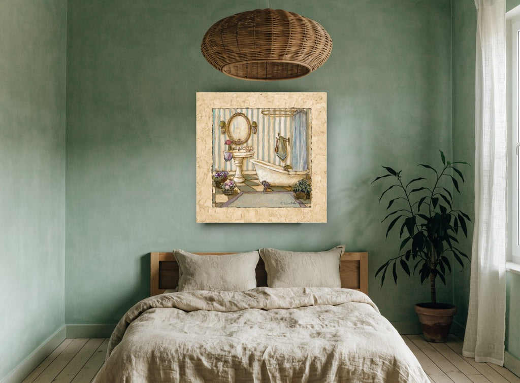 Striped Bathroom Retreat floral canvas print on the wall of a bedroom