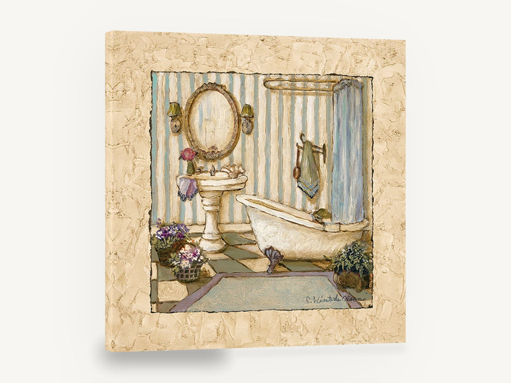 Striped Bathroom Retreat, vintage clawfoot bath bathroom illustration, floral canvas wall art print ready to hang