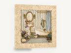 Striped Bathroom Retreat, vintage clawfoot bath bathroom illustration, floral canvas wall art print ready to hang