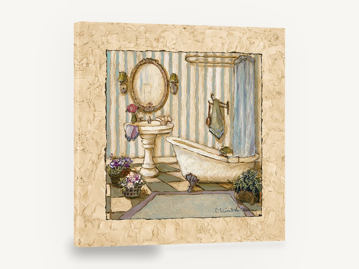 Striped Bathroom Retreat, vintage clawfoot bath bathroom illustration, floral canvas wall art print ready to hang