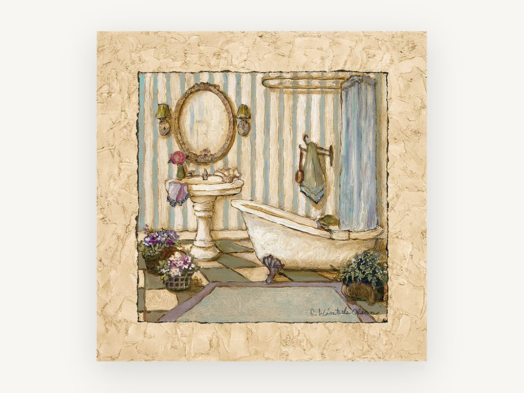 Striped Bathroom Retreat, floral canvas wall art print, front view