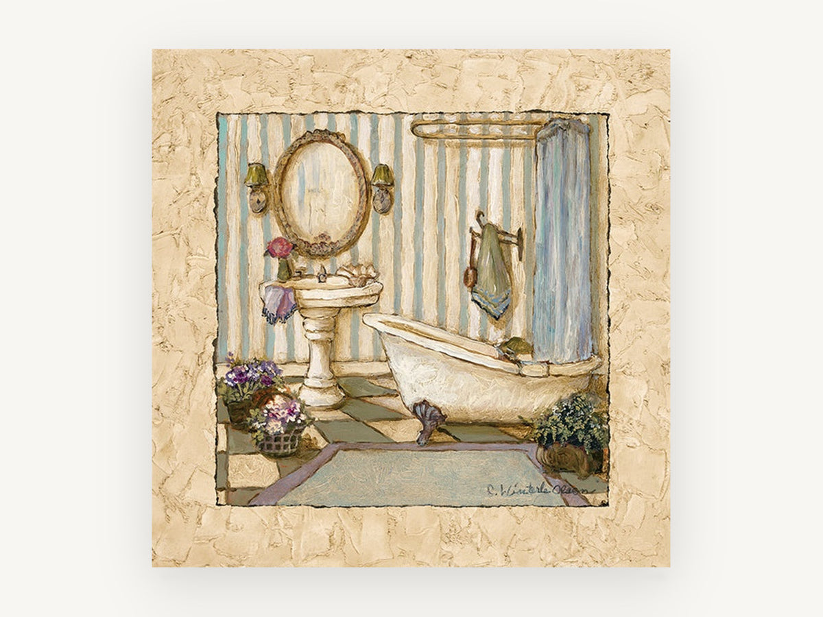 Striped Bathroom Retreat, floral canvas wall art print, front view