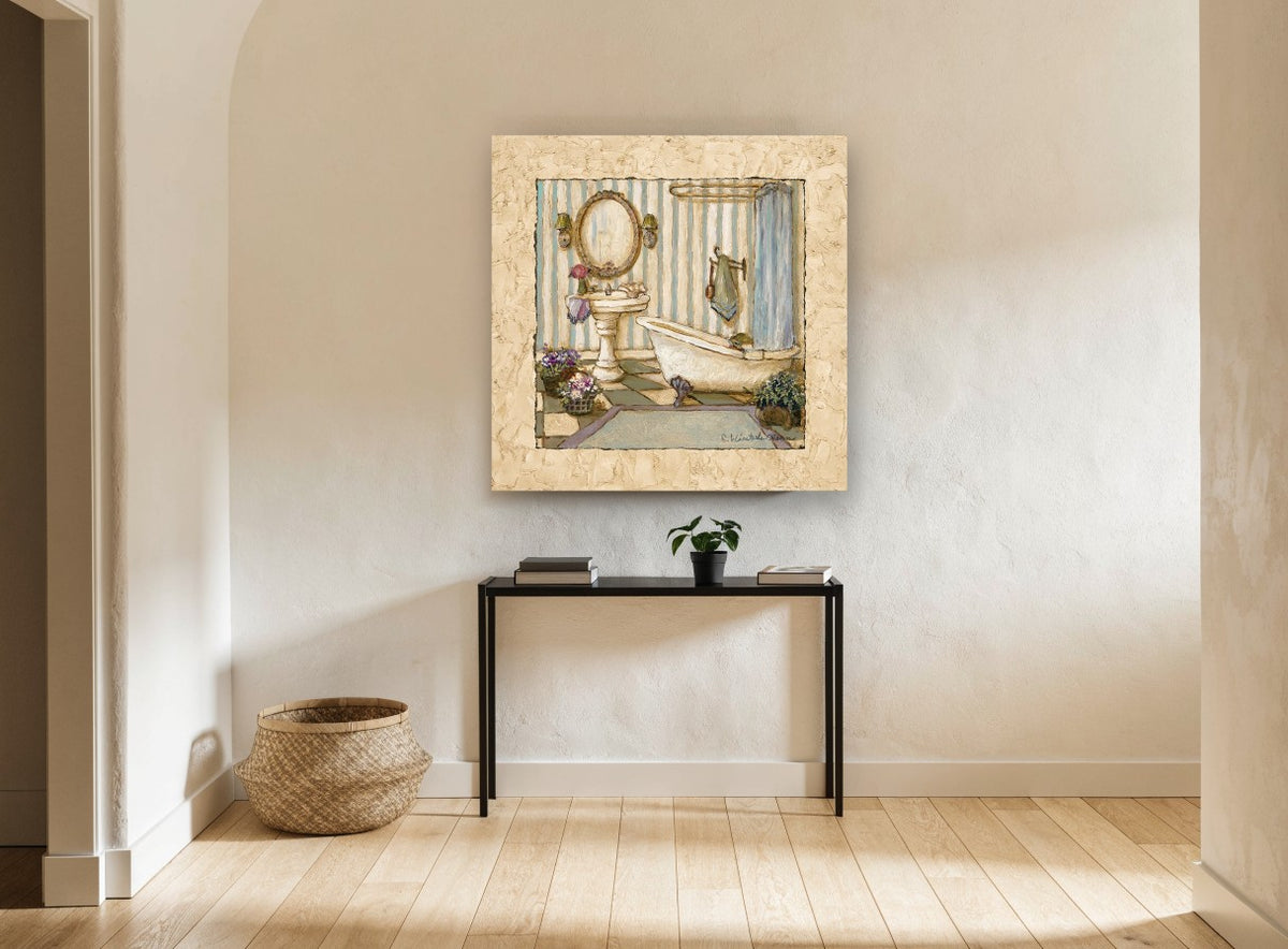 Striped Bathroom Retreat floral canvas print on the wall of a hallway