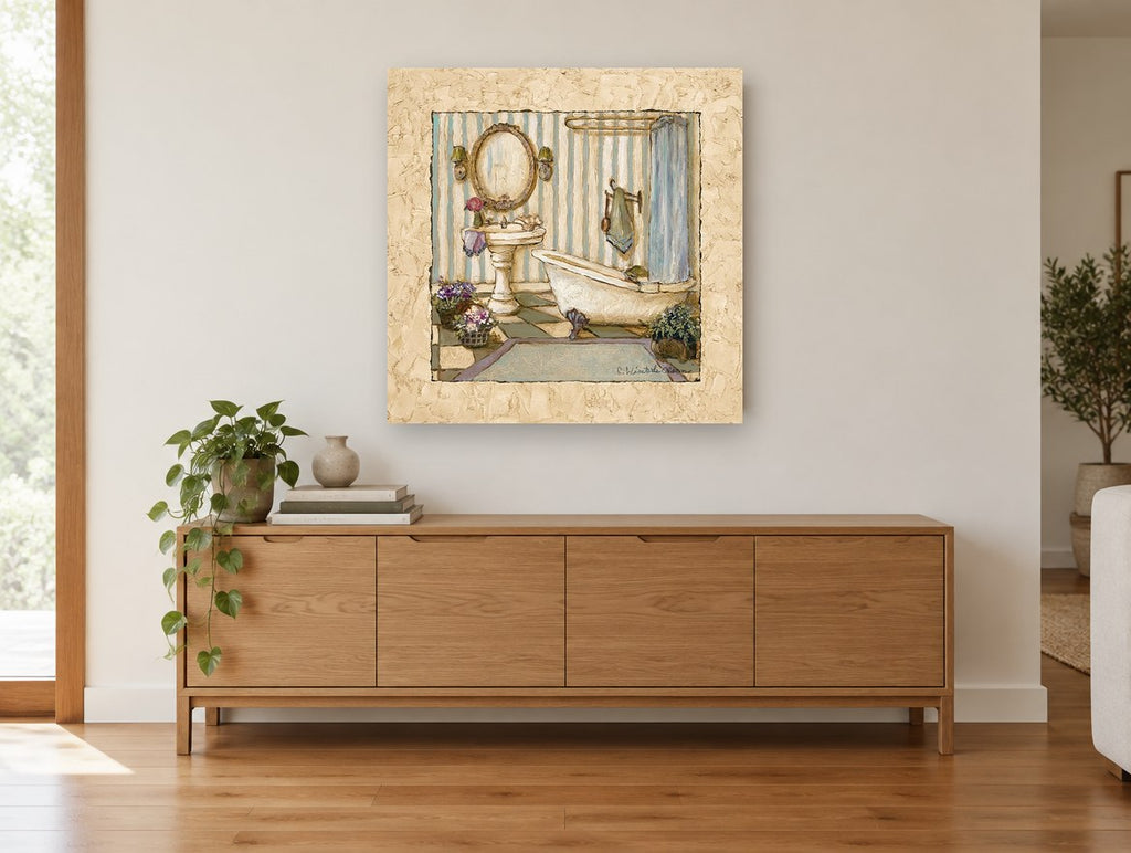 Striped Bathroom Retreat floral canvas print on the wall of a living room above a sideboard