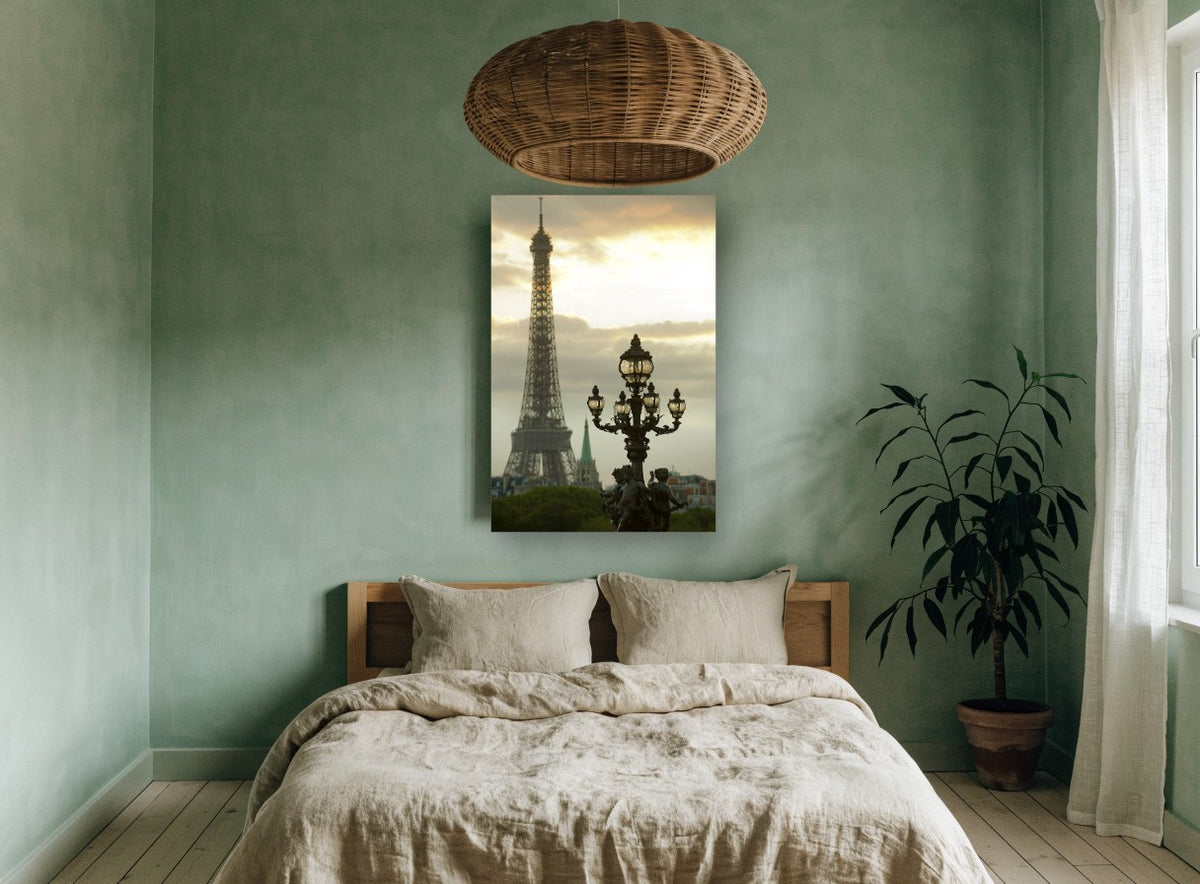 Lamp and Tower at Dusk city canvas print on the wall of a bedroom