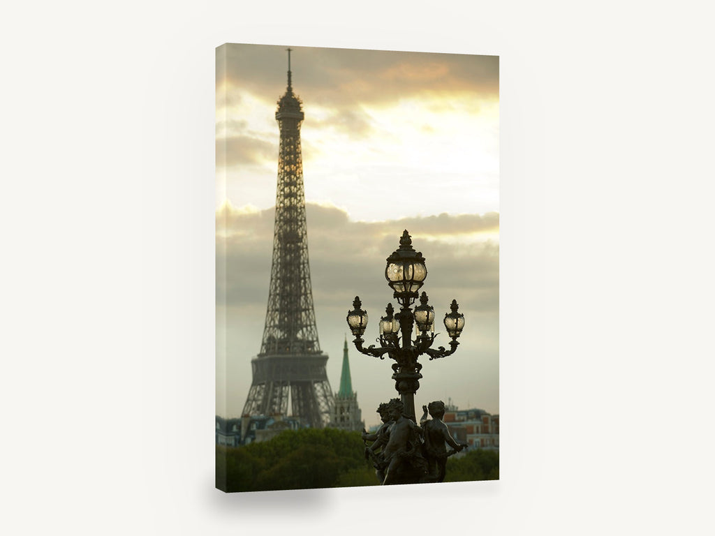Lamp and Tower at Dusk, eiffel tower and ornate lamp photograph, city canvas wall art print ready to hang