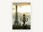Lamp and Tower at Dusk, eiffel tower and ornate lamp photograph, city canvas wall art print, front view