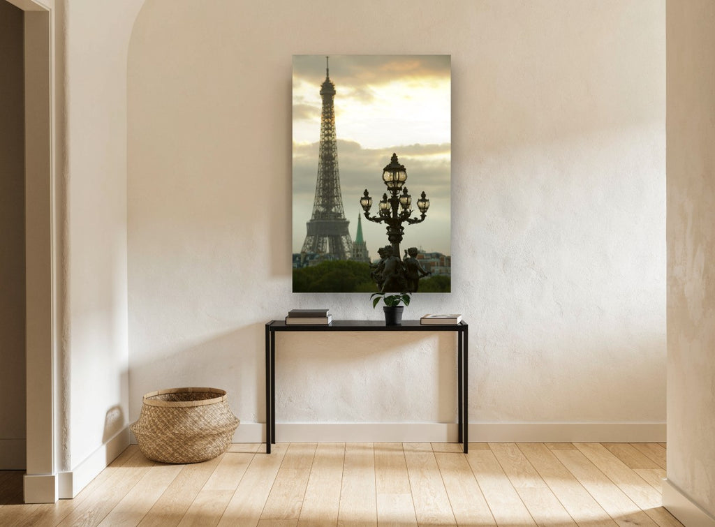 Lamp and Tower at Dusk city canvas print on the wall of a hallway