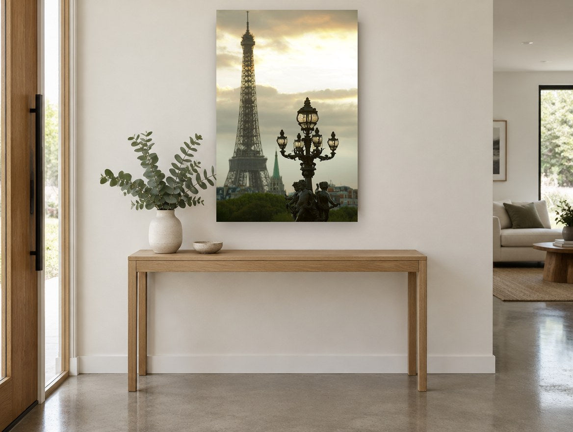 Lamp and Tower at Dusk city canvas print on the wall of a entry hall