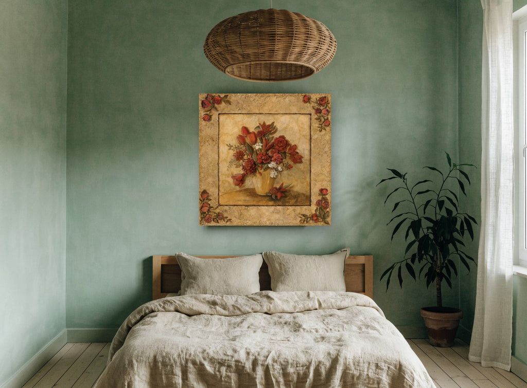 Crimson Bouquet Frame floral canvas print on the wall of a bedroom