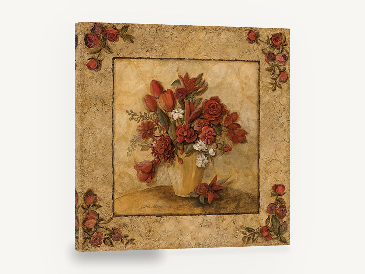 Crimson Bouquet Frame, red roses tulips vintage floral still life, floral canvas wall art print ready to hang