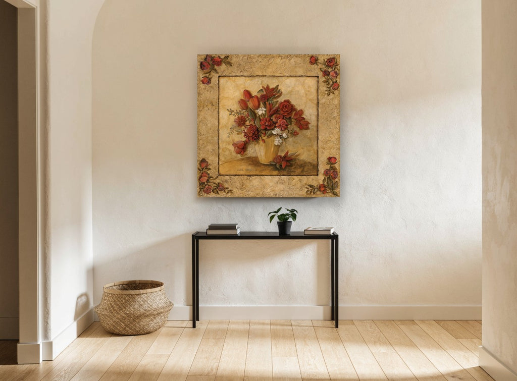 Crimson Bouquet Frame floral canvas print on the wall of a hallway