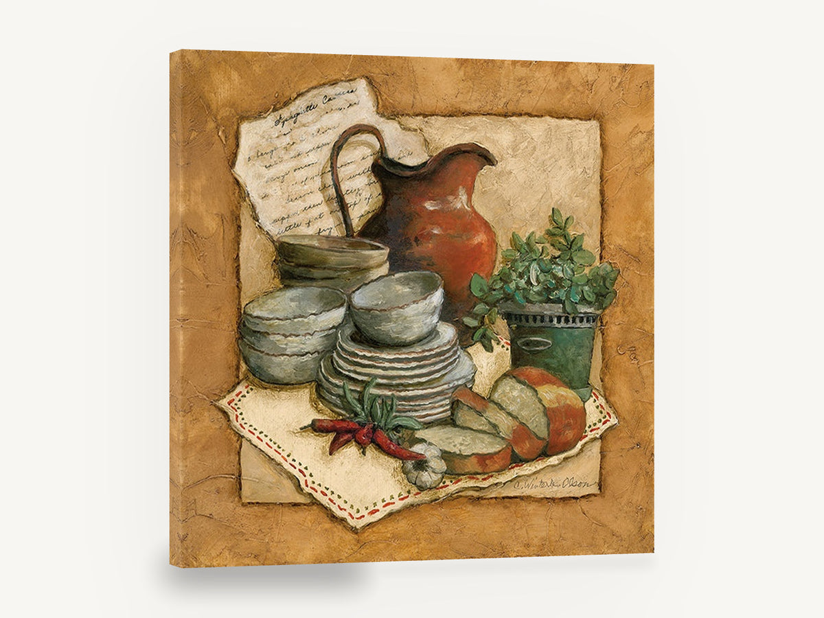 Spaghetti Sauce Pantry, rustic kitchen still life jug herbs, kitchen canvas wall art print ready to hang