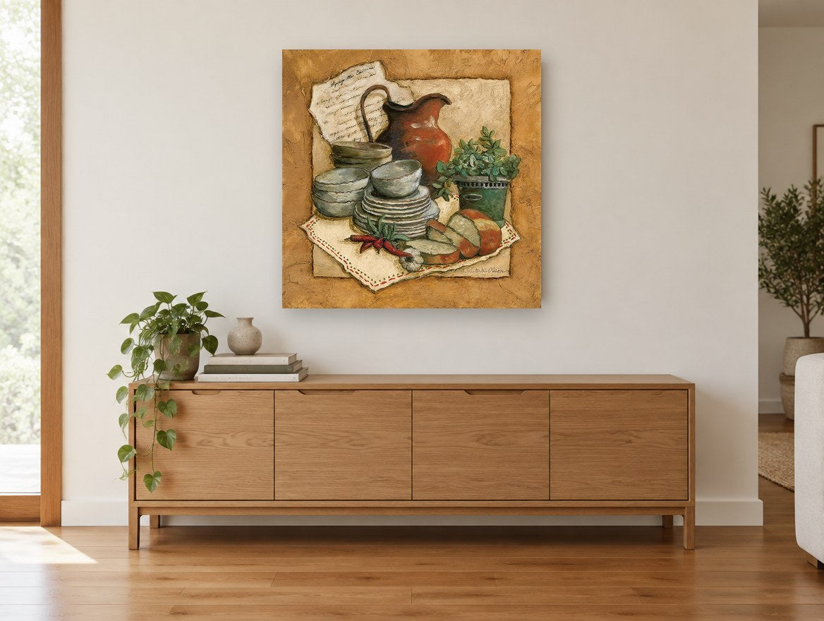 Spaghetti Sauce Pantry kitchen canvas print on the wall of a living room above a sideboard
