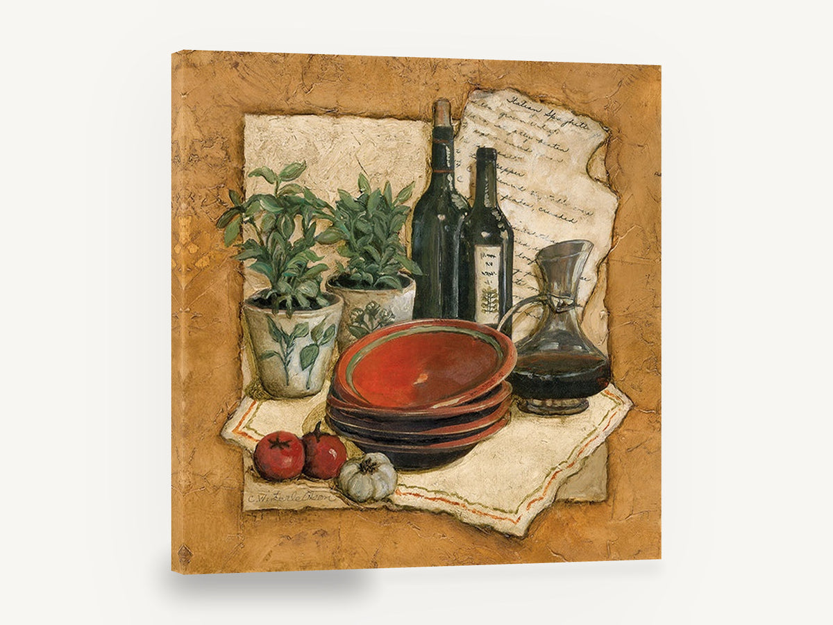 Tuscan Herbs and Wine, herbs wine bottles italian kitchen still life, kitchen canvas wall art print ready to hang