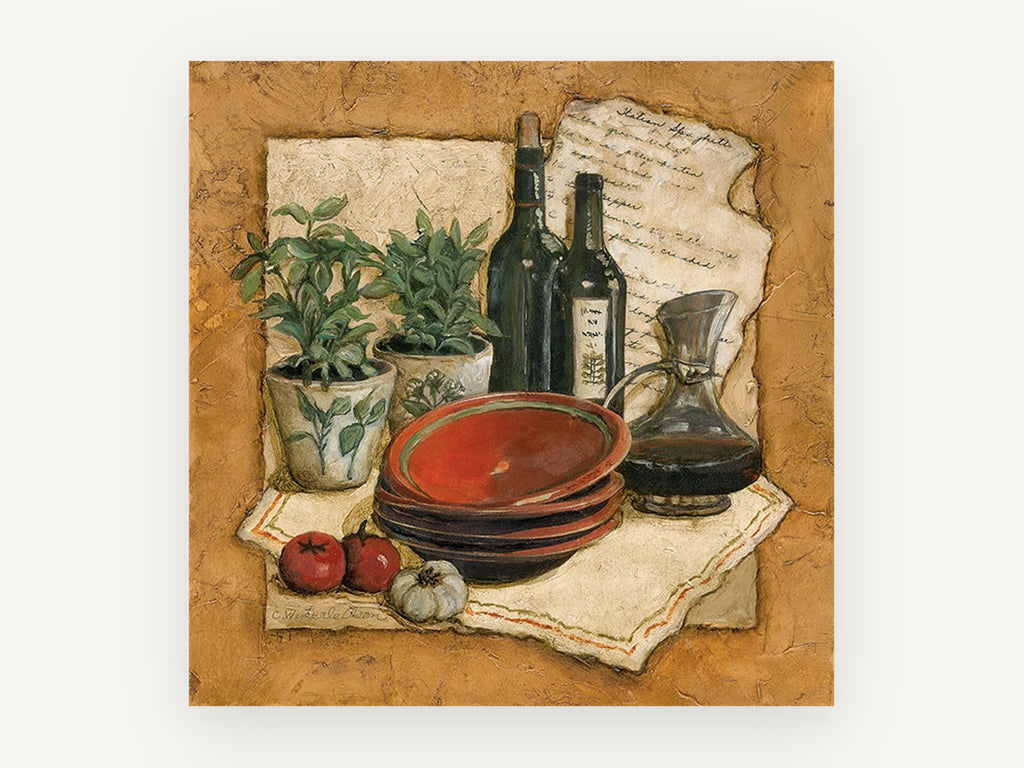 Tuscan Herbs and Wine, kitchen canvas wall art print, front view