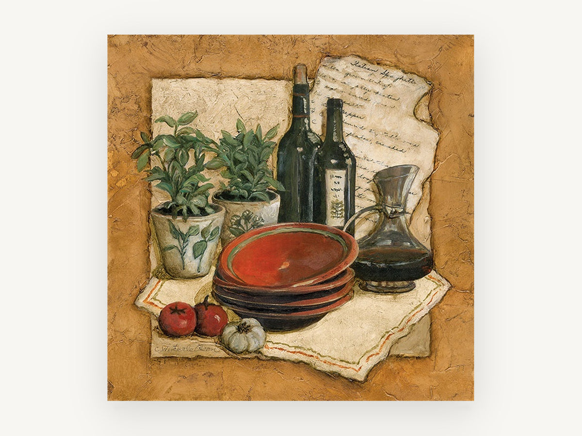 Tuscan Herbs and Wine, kitchen canvas wall art print, front view