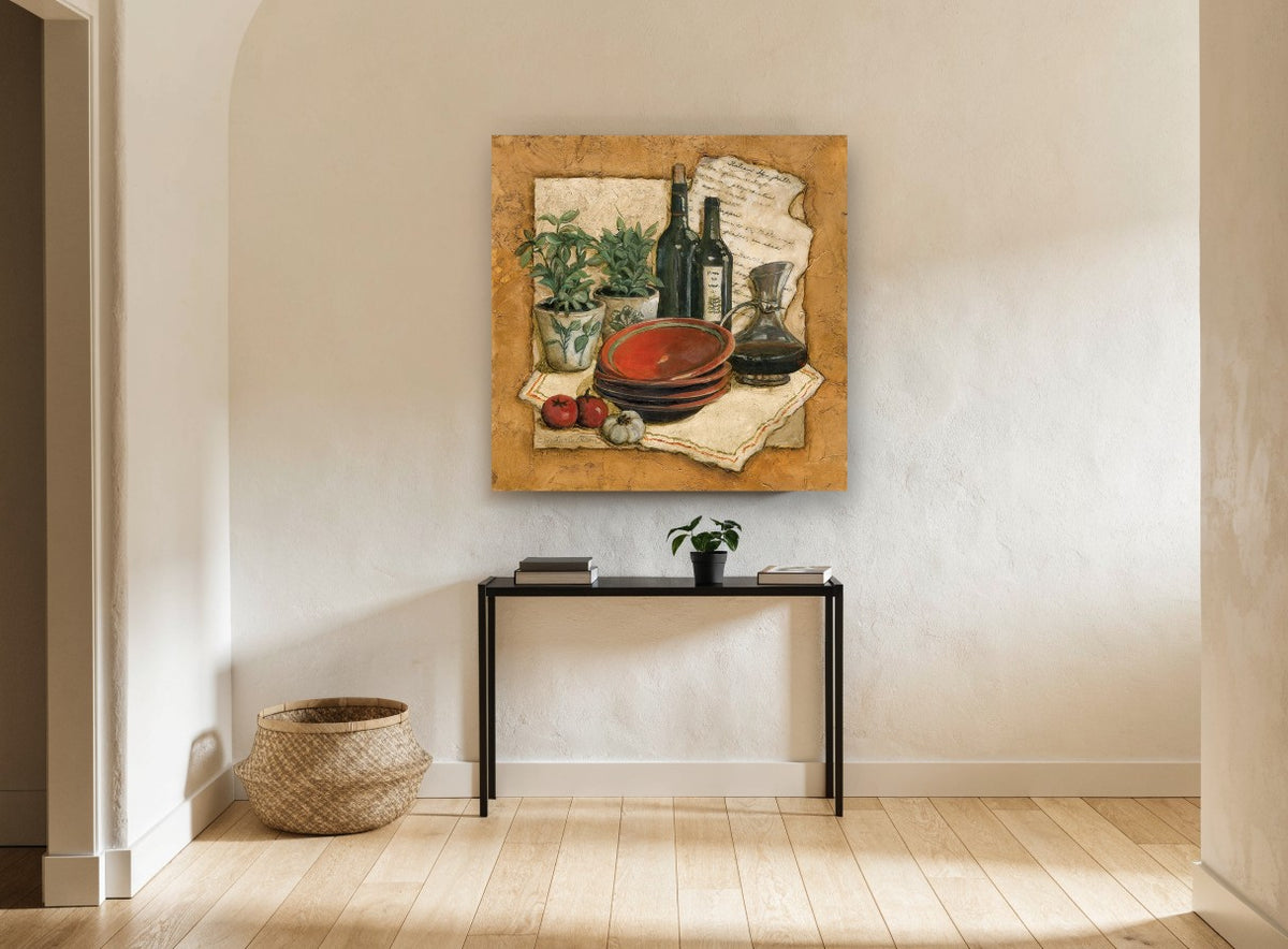 Tuscan Herbs and Wine kitchen canvas print on the wall of a hallway