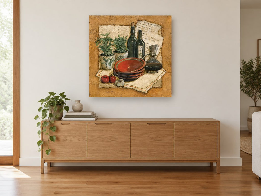 Tuscan Herbs and Wine kitchen canvas print on the wall of a living room above a sideboard