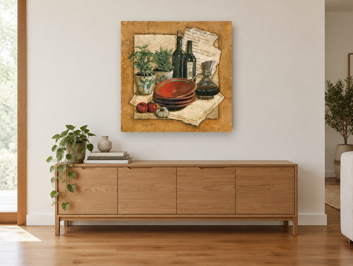Tuscan Herbs and Wine kitchen canvas print on the wall of a living room above a sideboard