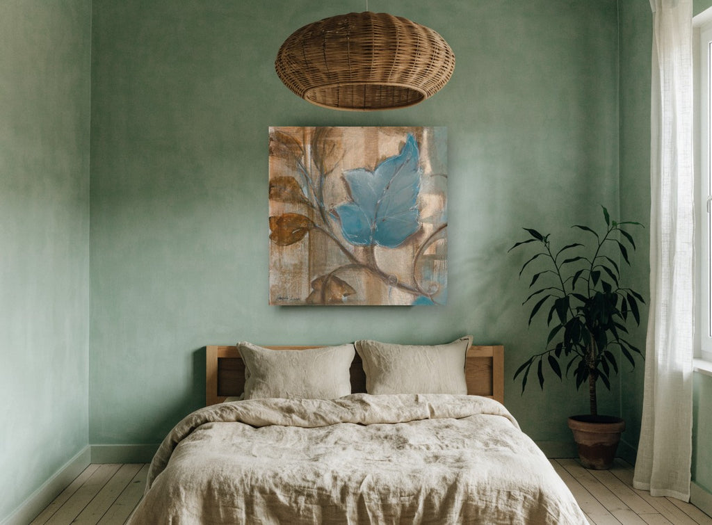 Blue Leaf on Sepia floral canvas print on the wall of a bedroom