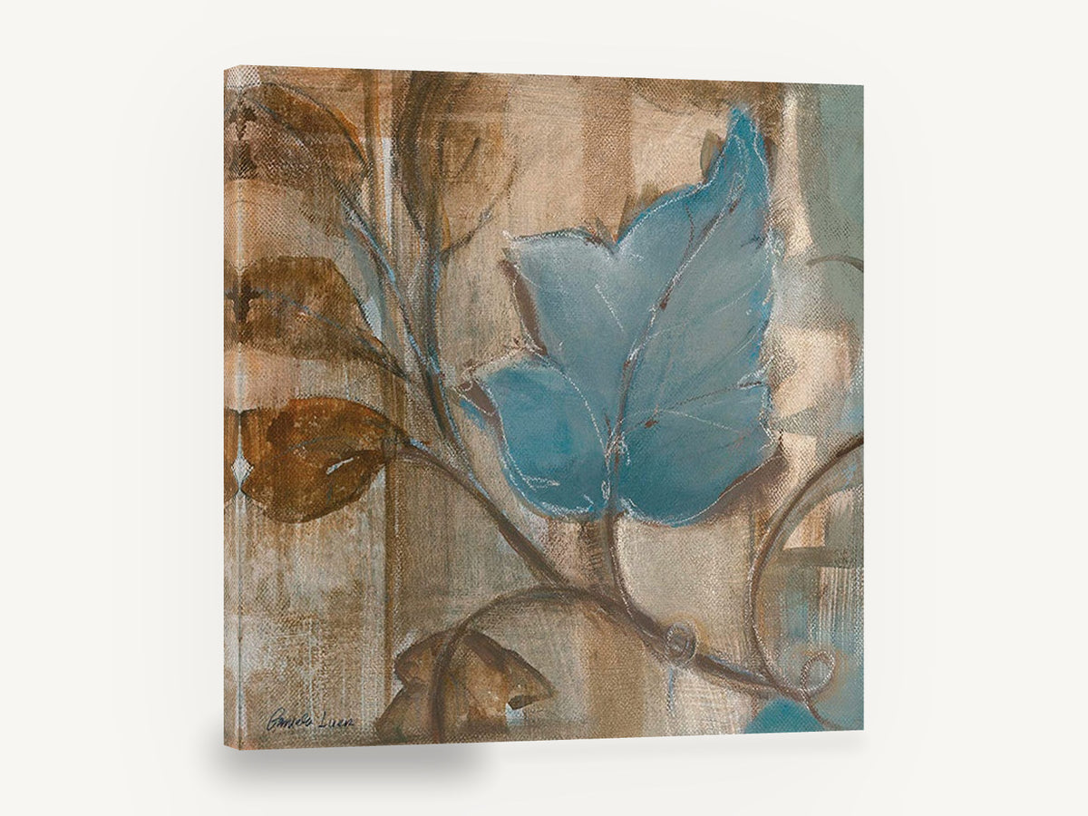 Blue Leaf on Sepia, blue leaf botanical painting brown, floral canvas wall art print ready to hang