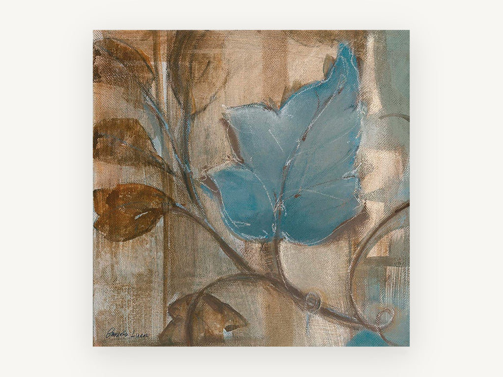 Blue Leaf on Sepia, floral canvas wall art print, front view