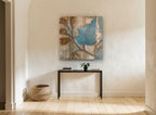 Blue Leaf on Sepia floral canvas print on the wall of a hallway