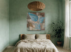 Blue Leaves on Linen floral canvas print on the wall of a bedroom