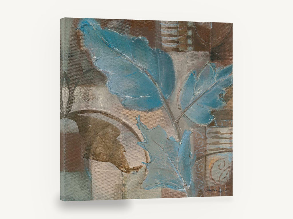 Blue Leaves on Linen, blue leaf botanical contemporary painting, floral canvas wall art print ready to hang