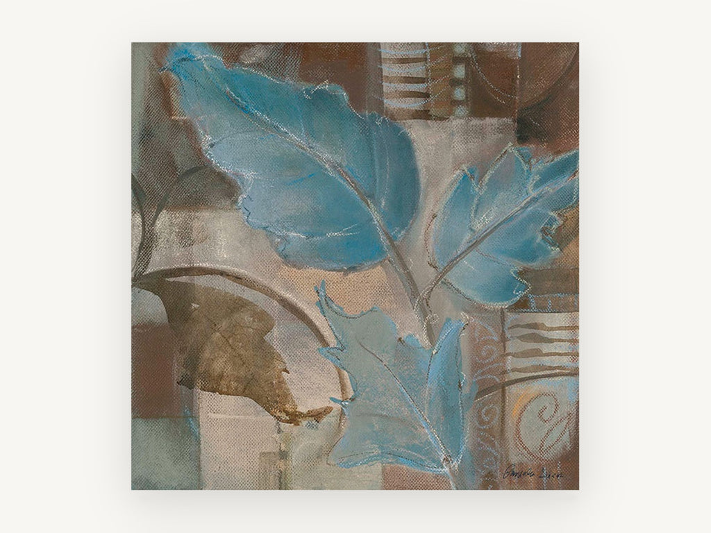 Blue Leaves on Linen, floral canvas wall art print, front view