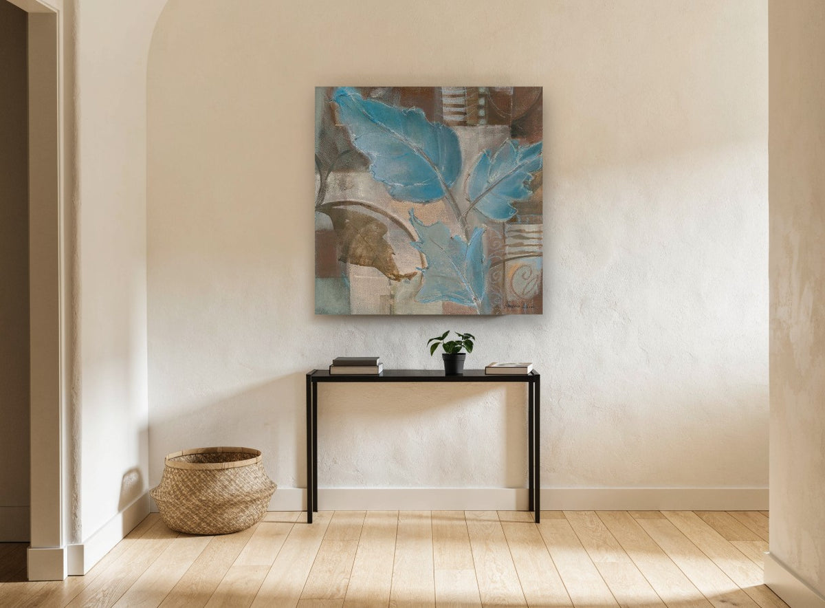 Blue Leaves on Linen floral canvas print on the wall of a hallway