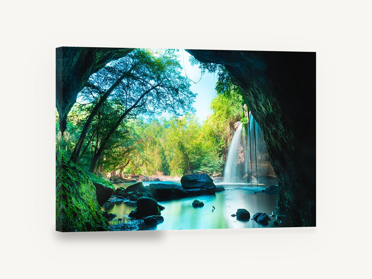 Cave Pool Falls, waterfall seen from cave photograph, landscape canvas wall art print ready to hang