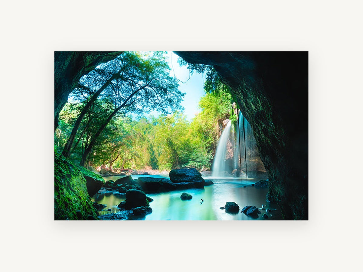 Cave Pool Falls, waterfall seen from cave photograph, landscape canvas wall art print, front view