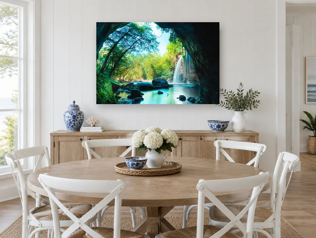 Cave Pool Falls landscape canvas print on the wall of a Hamptons dining room