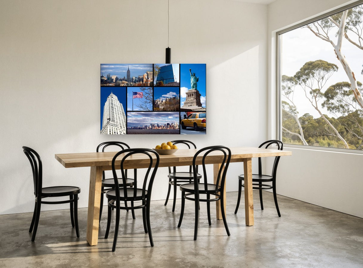 Manhattan Icons Collage city canvas print on the wall of a dining room