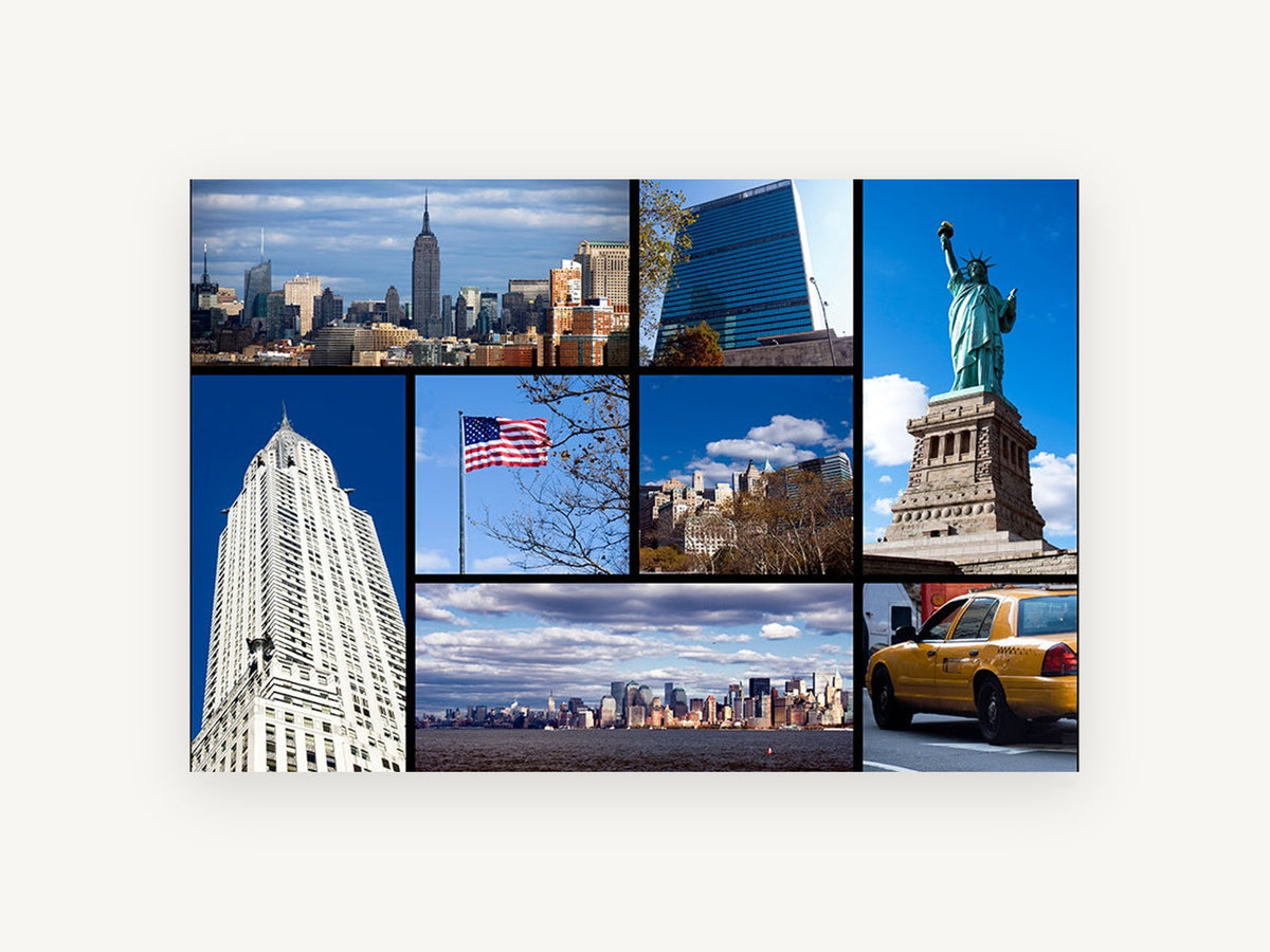 Manhattan Icons Collage, new york city landmarks photo collage, city canvas wall art print, front view