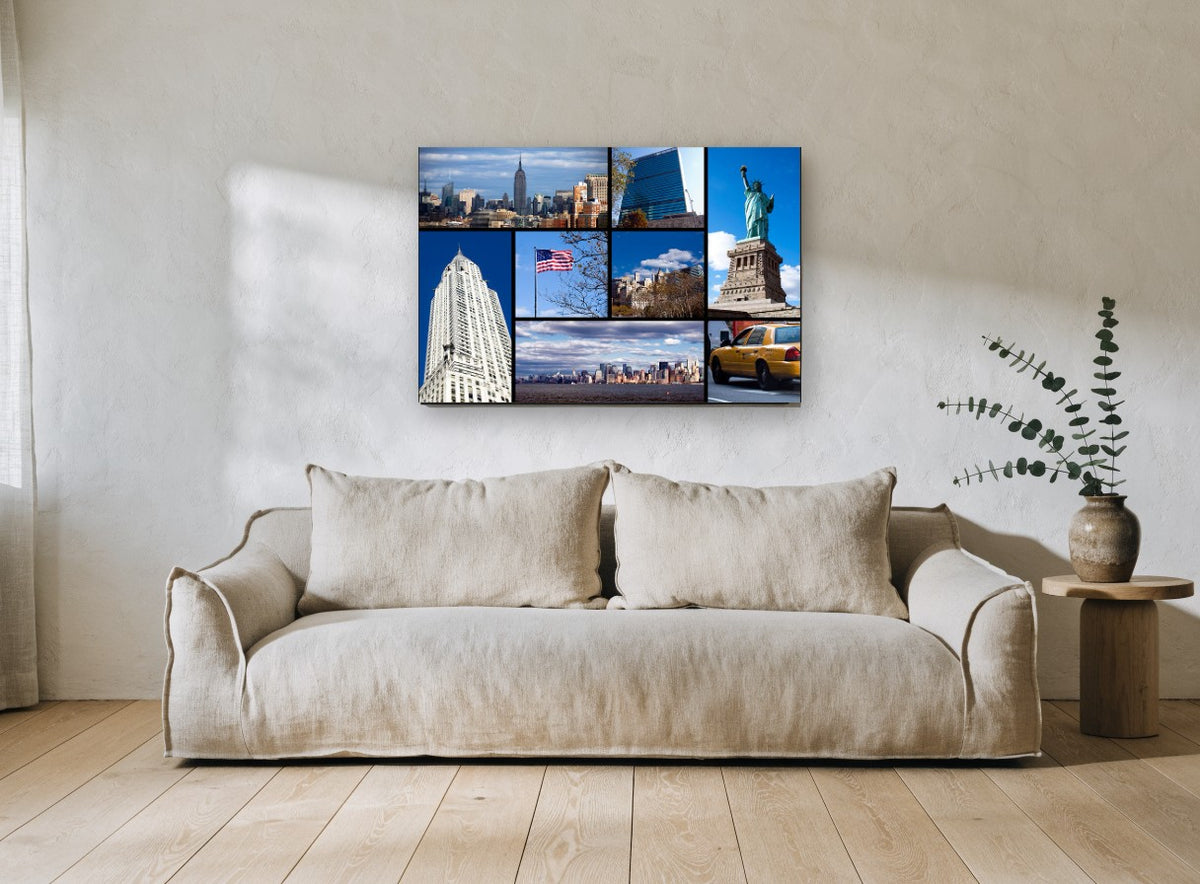 Manhattan Icons Collage city canvas print on the wall of a living room
