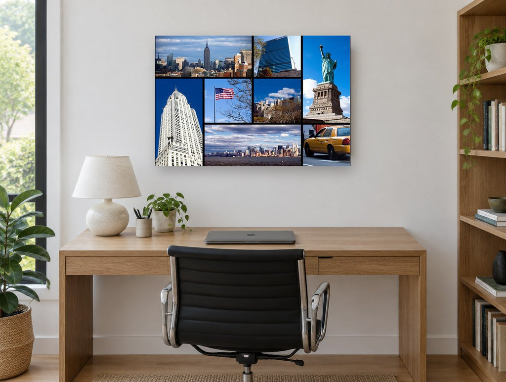 Manhattan Icons Collage city canvas print on the wall of a study