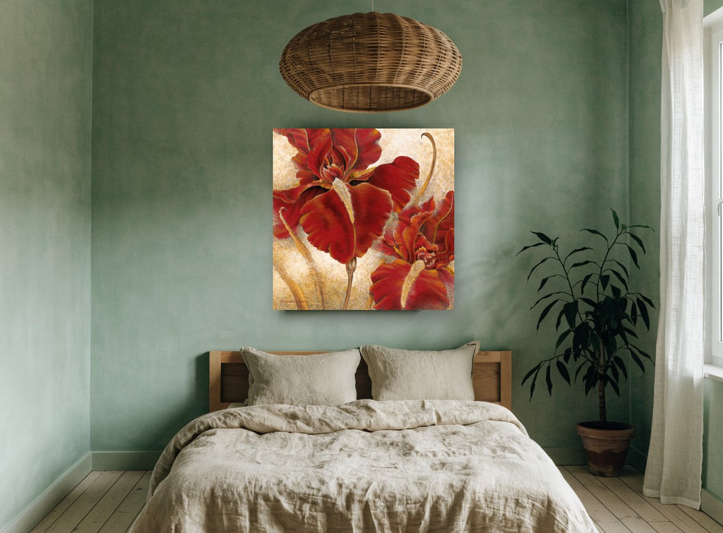 Crimson Iris Pair floral canvas print on the wall of a bedroom
