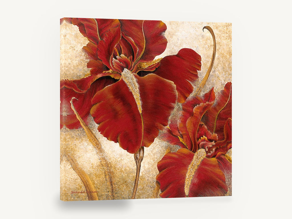 Crimson Iris Pair, red iris floral painting gold, floral canvas wall art print ready to hang