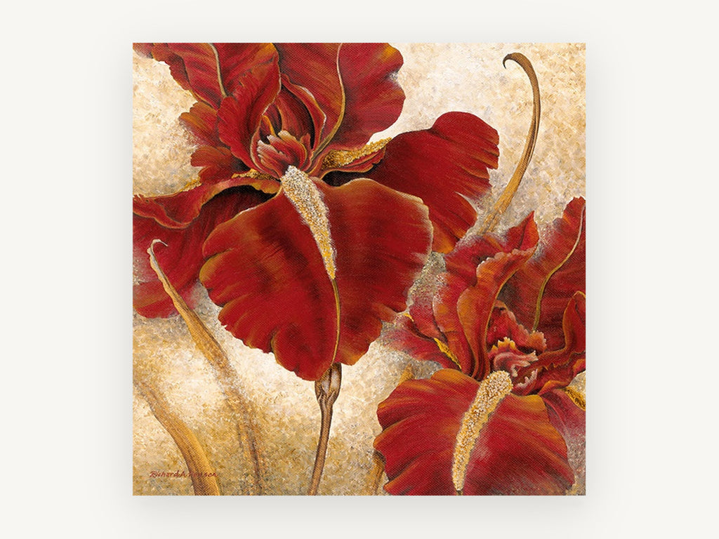 Crimson Iris Pair, floral canvas wall art print, front view