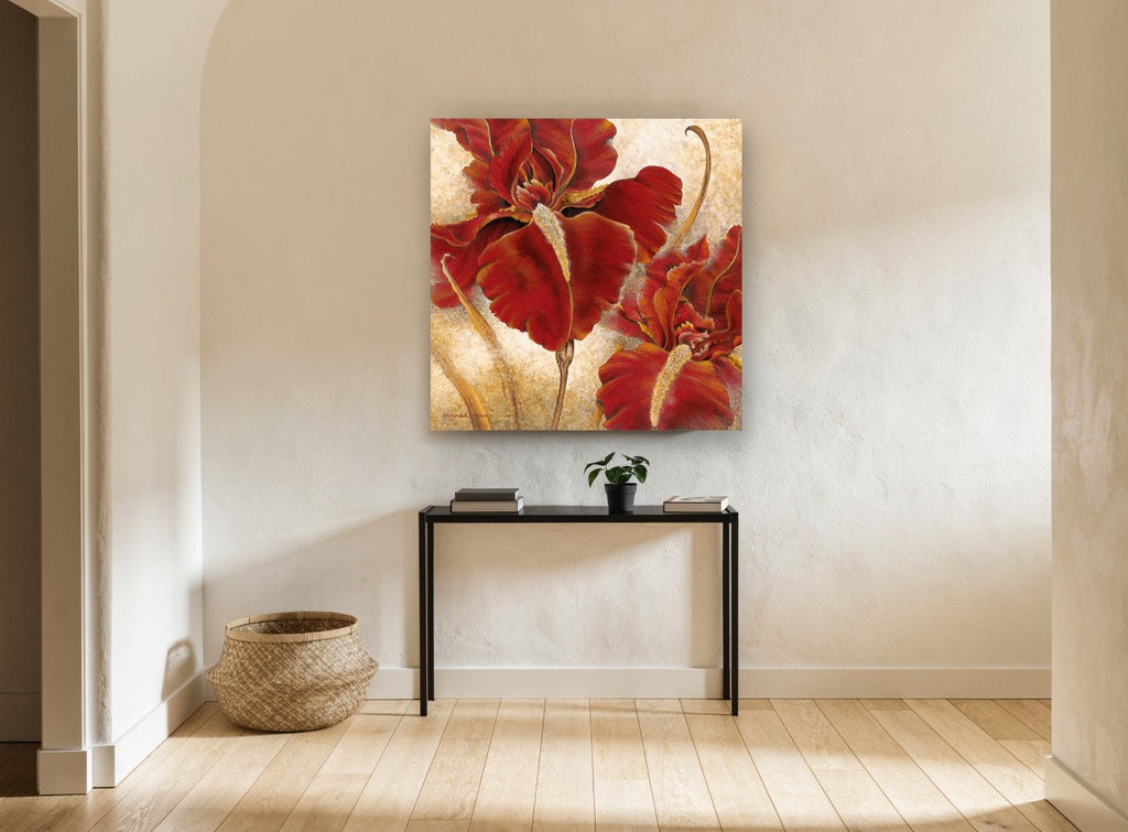 Crimson Iris Pair floral canvas print on the wall of a hallway