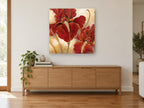 Crimson Iris Pair floral canvas print on the wall of a living room above a sideboard