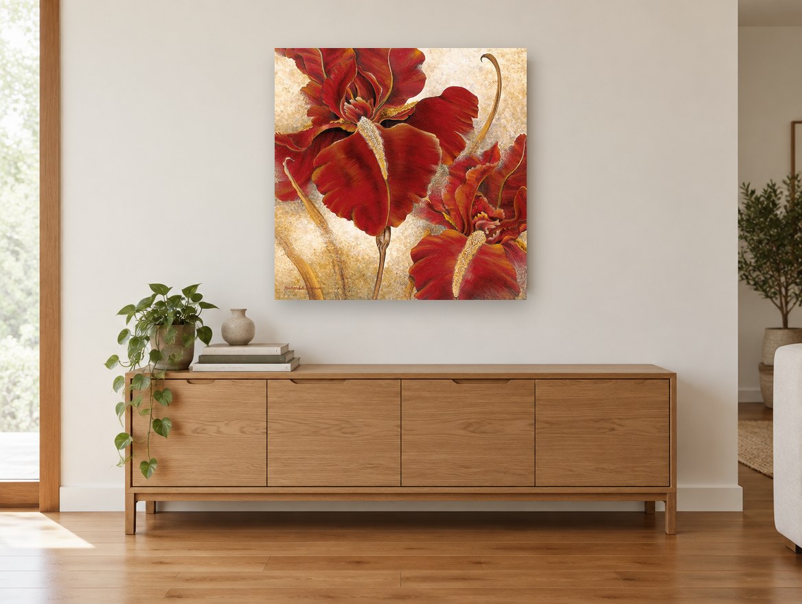 Crimson Iris Pair floral canvas print on the wall of a living room above a sideboard
