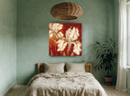 Cream Iris on Crimson floral canvas print on the wall of a bedroom