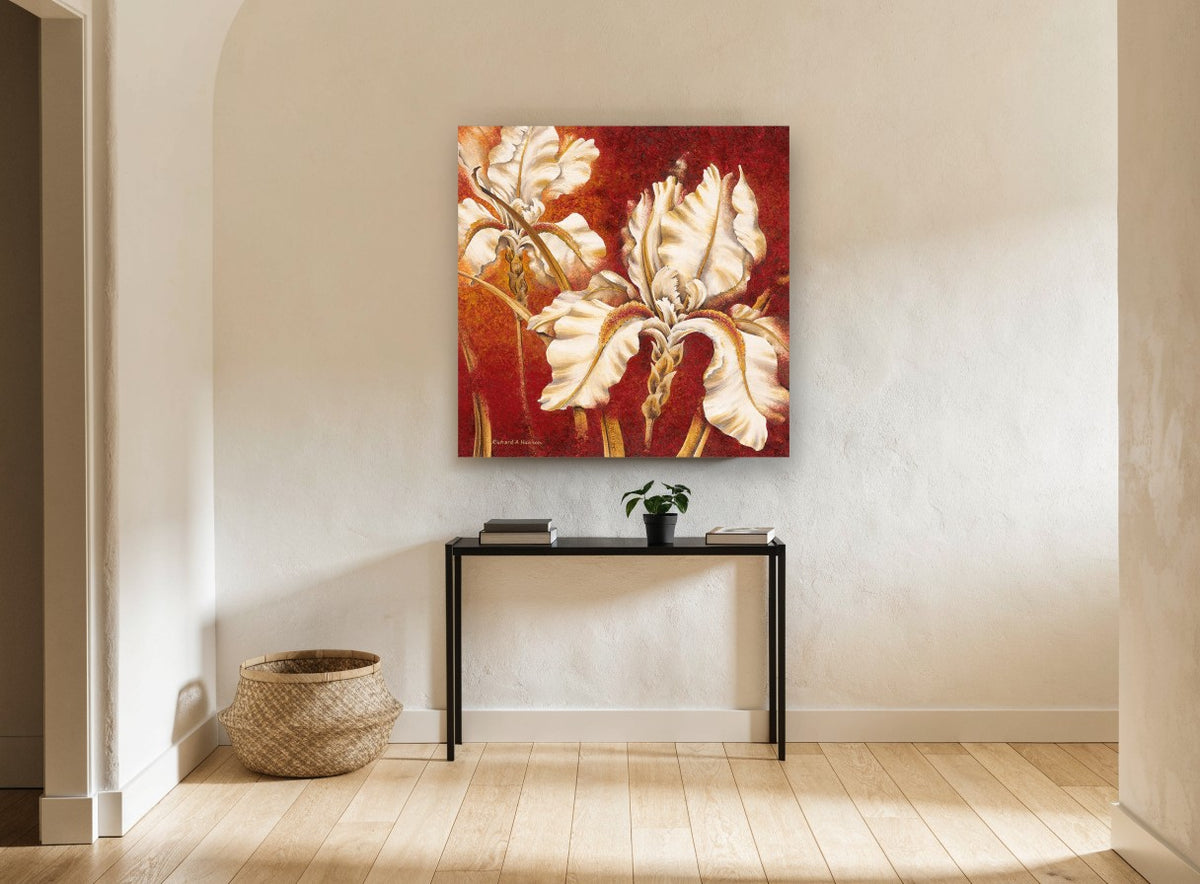 Cream Iris on Crimson floral canvas print on the wall of a hallway