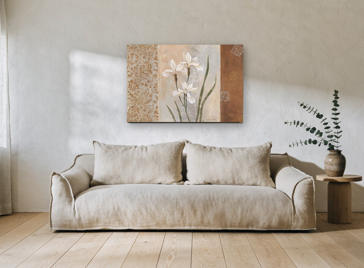 White Iris Panel floral canvas print on the wall of a living room