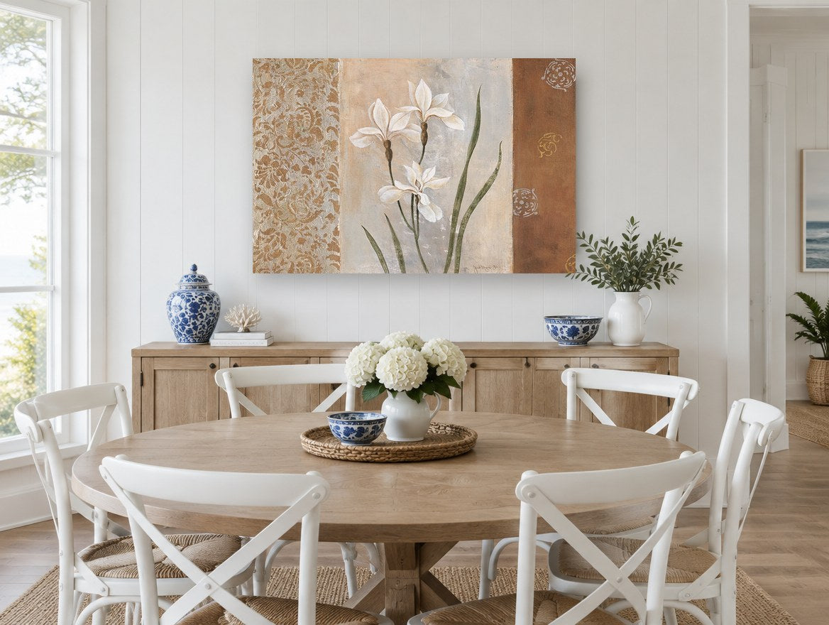 White Iris Panel floral canvas print on the wall of a Hamptons dining room